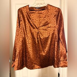 Women’s Plus SHEIN Sz 3x Long Sleeve Blouse Shirt Bronze Satin Leopard Print